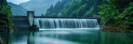 A hydroelectric dam generates power in a tranquil forested setting. The cascading water flows over the dam, creating a picturesque scene.の素材