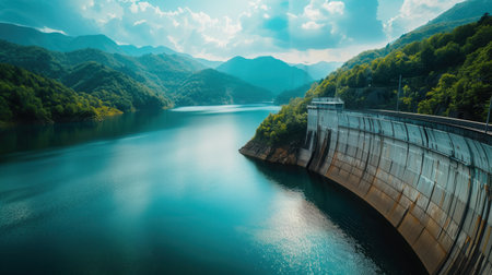 A hydroelectric dam generates clean energy from flowing water in a serene mountain landscape, showing the beauty of renewable energy technology.の素材