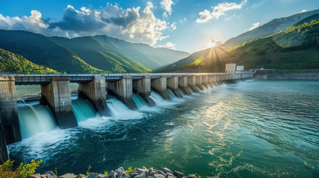 A hydroelectric dam with water flowing over it, generating clean energy in a serene mountainous landscape at sunset.の素材