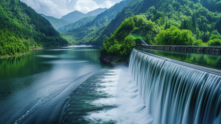 A picturesque view of a hydroelectric dam waterfall cascading into a serene lake surrounded by lush green mountains.の素材