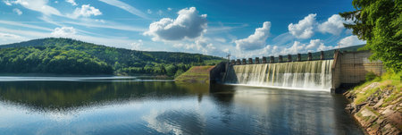 A hydroelectric dam generates clean energy in a peaceful setting, surrounded by lush greenery and a calm lake.の素材