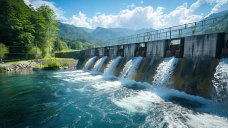 A hydroelectric dam in a mountainous region generates power from the flow of water.の素材