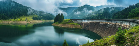 A hydroelectric dam nestled in a picturesque mountainous landscape with lush greenery and a calm lake, showing the power of renewable energy.の素材