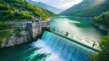 A hydroelectric dam nestled in a lush mountain valley, water flows over the dam, generating power in a serene natural setting.の素材