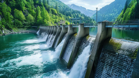 A hydroelectric dam in a beautiful mountain setting, showcasing the power of water to generate clean energy.の素材