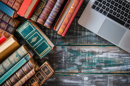 A top-down view of a rustic wooden desk with a stack of old books and a laptop, symbolizing the blend of traditional and modern learning methods.の素材