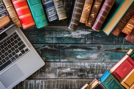 An open laptop and textbooks on a wooden desk, representing modern learning methods.の素材
