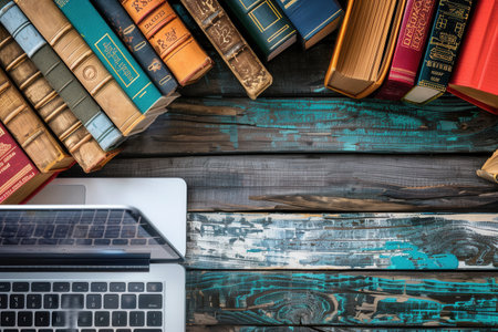A laptop computer and a stack of textbooks lay side by side on a rustic wooden table, symbolizing contemporary learning methods.の素材