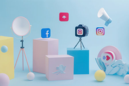 An image of a colorful studio setup featuring social media icons, a camera on a tripod, and lighting equipment. Perfect for showcasing advertising and marketing campaigns.の素材