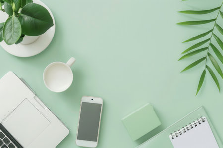 A flat lay image of a modern minimalist workspace with a laptop, smartphone, notepad, and other office supplies, perfect for showcasing marketing or advertising services.の素材