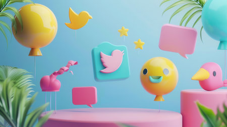 A vibrant 3D background scene featuring stylized social media elements, perfect for advertising agencies and marketers.の素材