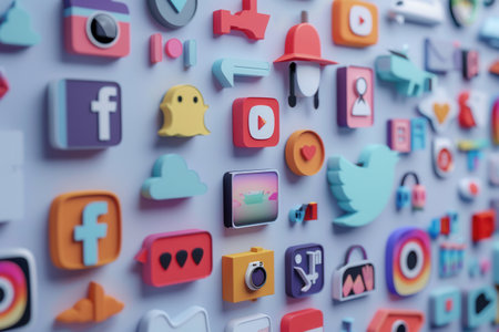 A wall covered in brightly colored 3D social media icons, creating a visual representation of the vast digital landscape.の素材