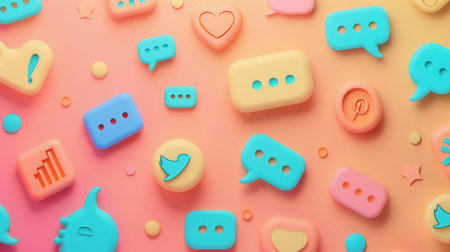 Social media icons like hearts, speech bubbles, and a Twitter bird create a fun and professional image on a pink background, perfect for advertisers.の素材