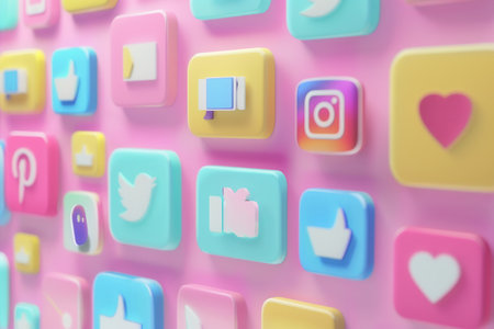 Colorful social media icons arranged on a pink background for advertising agencies and marketers.の素材