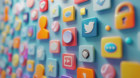An abstract visual representation of social media platforms and marketing concepts, featuring colorful icons on a blue background.の素材
