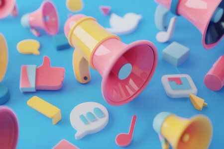 A vibrant 3D illustration showing a scattering of social media icons and megaphones, ideal for advertising agencies and marketers.の素材
