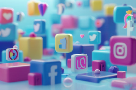 A digital scene featuring colorful social media icons floating in a blue background. Perfect for advertising agencies and marketers seeking a vibrant, engaging visual.の素材