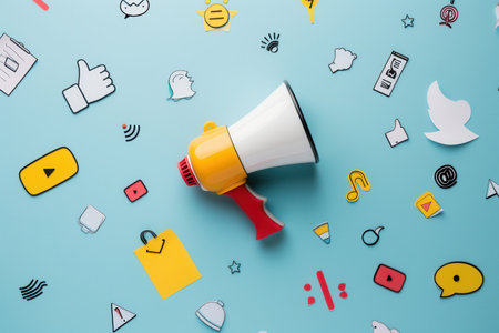A white megaphone with red and yellow accents sits on a blue background surrounded by colorful social media icons.の素材