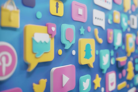 A close-up of a blue wall adorned with colorful, 3D social media icons. This vibrant image is perfect for representing the world of digital marketing and advertising.の素材