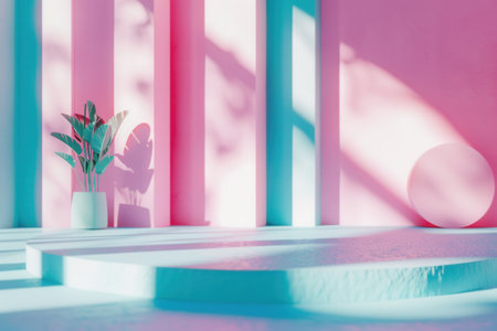 A professional and stylish office interior with pink and blue walls, sunlight streaming through windows, and a potted plant.の素材