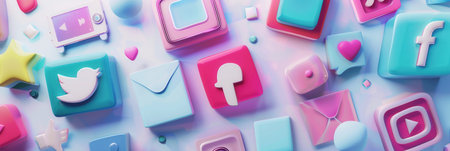 A vibrant background featuring social media icons and symbols, perfect for promotional materials for advertising agencies and marketers.の素材