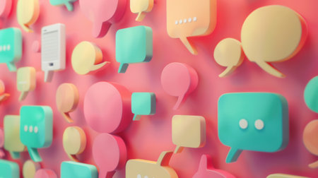 A pink wall background with various colorful speech bubbles and phone icons representing social media ads and announcements. Perfect for marketing and advertising agencies.の素材