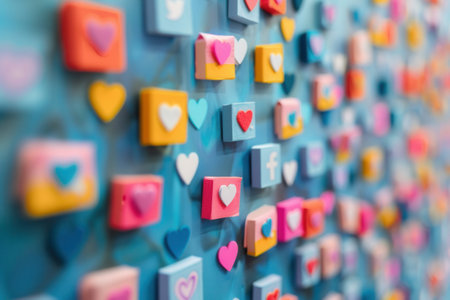 A vibrant wall featuring numerous social media ads and announcements, perfect for advertising agencies and marketing teams.の素材