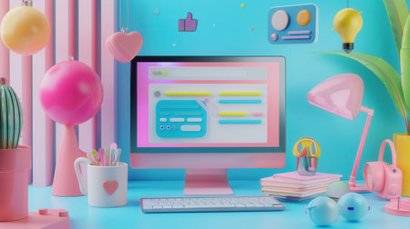A 3D illustration of a desk with a computer showing social media ads and other marketing elements in a colorful, playful style.の素材