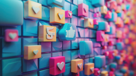 A vibrant background image featuring a wall of colorful social media icons, perfect for marketing and advertising agencies.の素材