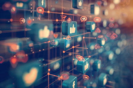 Abstract digital background with social media icons and announcements, ideal for advertising agencies and marketers.の素材