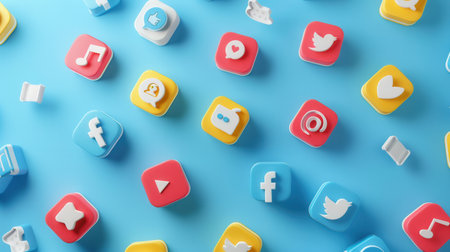 A collection of colorful social media icons arranged on a blue background, representing the various platforms used for marketing and advertising.の素材