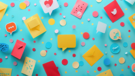 An image of colorful paper social media icons and ads on a blue background.の素材