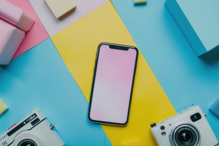 A mobile phone mockup with a blank screen, a camera, and a colorful background. Perfect for advertising agencies and marketers.の素材