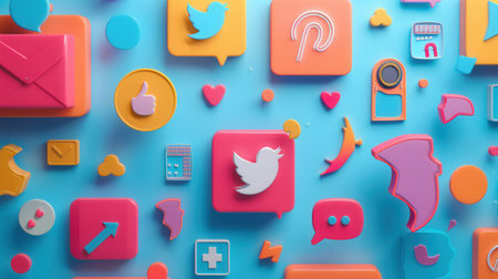 A vibrant background with colorful 3D social media icons arranged on a bright blue surface. Ideal for promoting social media marketing, advertising agencies, and digital campaigns.の素材