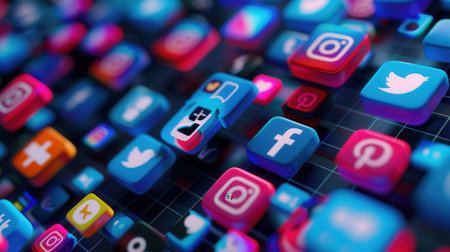 A vibrant image featuring colorful 3D icons representing various social media platforms floating on a grid background.の素材