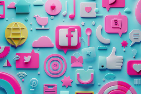 A vibrant, colorful background featuring various social media icons, perfect for advertising agencies and marketers.の素材
