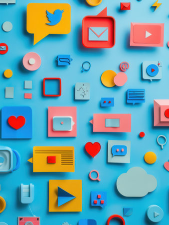 A colorful and creative background featuring icons representing social media platforms, perfect for advertising agencies and marketers.の素材