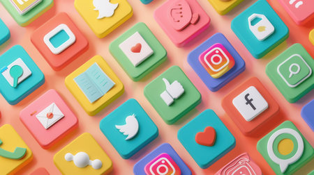 A close-up shot of colorful, 3D social media icons against a soft peach background, creating a vibrant and engaging visual for marketers and advertising agencies.の素材