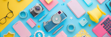 Colorful flat lay with social media ads, marketing materials, and promotional items on a blue background.の素材