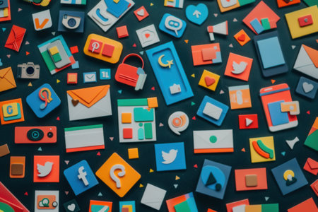 A vibrant collection of social media icons and logos, arranged in a casual pattern on a black background.の素材