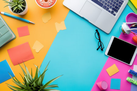 A vibrant desk workspace with a laptop, tablet, sticky notes, and other accessories, ideal for an advertising agency or marketing team.の素材