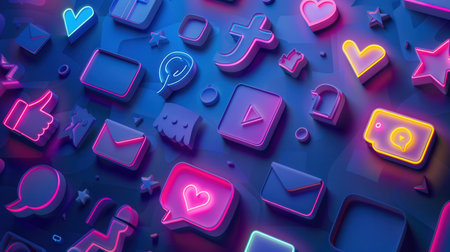 A close-up view of a digital background featuring colorful, 3D neon icons representing popular social media platforms.の素材