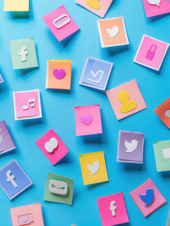 A bright and colorful image featuring various social media icons on a blue background, perfect for representing advertising and marketing campaigns.の素材