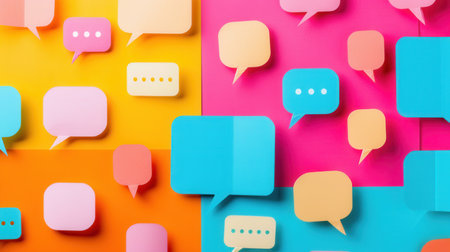 A vibrant background with colorful speech bubbles, perfect for advertising and marketing agencies.の素材