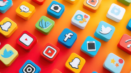 A close-up of colorful social media icons arranged in a pattern on an orange gradient background.の素材