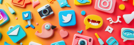 Colorful 3D social media icons arranged on an orange and red background, suitable for marketing and advertising agencies.の素材