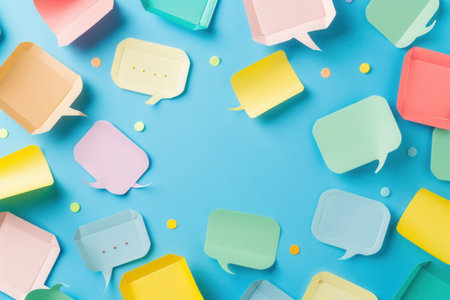 A vibrant and professional image showcasing colorful speech bubbles on a blue background. Perfect for advertising agencies and marketers looking to promote their services.の素材