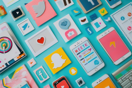 Colorful social media ads and announcements displayed on turquoise background, great for advertising agencies and marketers to showcase their work in a flat lay.の素材