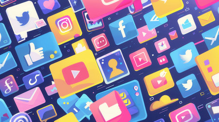 A vibrant, modern illustration featuring various colorful social media icons and ads. Perfect for showing the power and reach of digital marketing.の素材