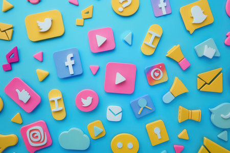 A vibrant image of various social media icons arranged on a blue background, perfect for marketing and advertising agencies.の素材